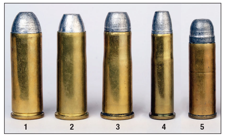 The 41 Long Colt (5) was the fifth most popular cartridge for which the Colt SAA was chambered. The others shown include: (1) 45 Colt (1st), (2) 44-40 (2nd), (3) 38-40 (3rd) and (4) 32-20 (4th).